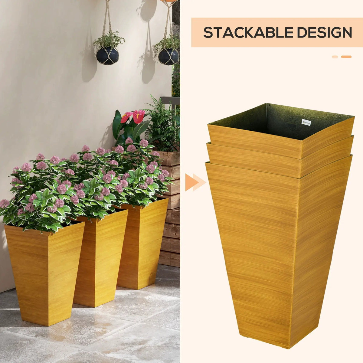 Outsunny Tapered Outdoor Planters | Set Of 3 | Faux Wood Grain Look | Drainage Holes And Plug