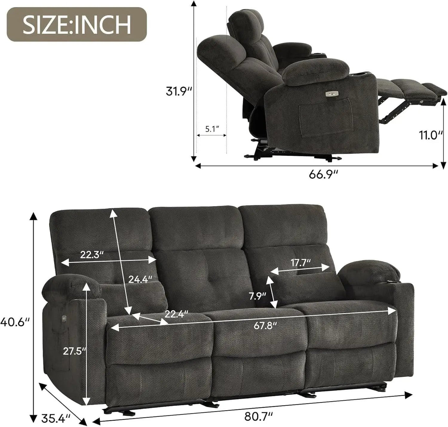 80 Inch Massage Recliner Sofa With Remote And USB Ports from PriceLows™