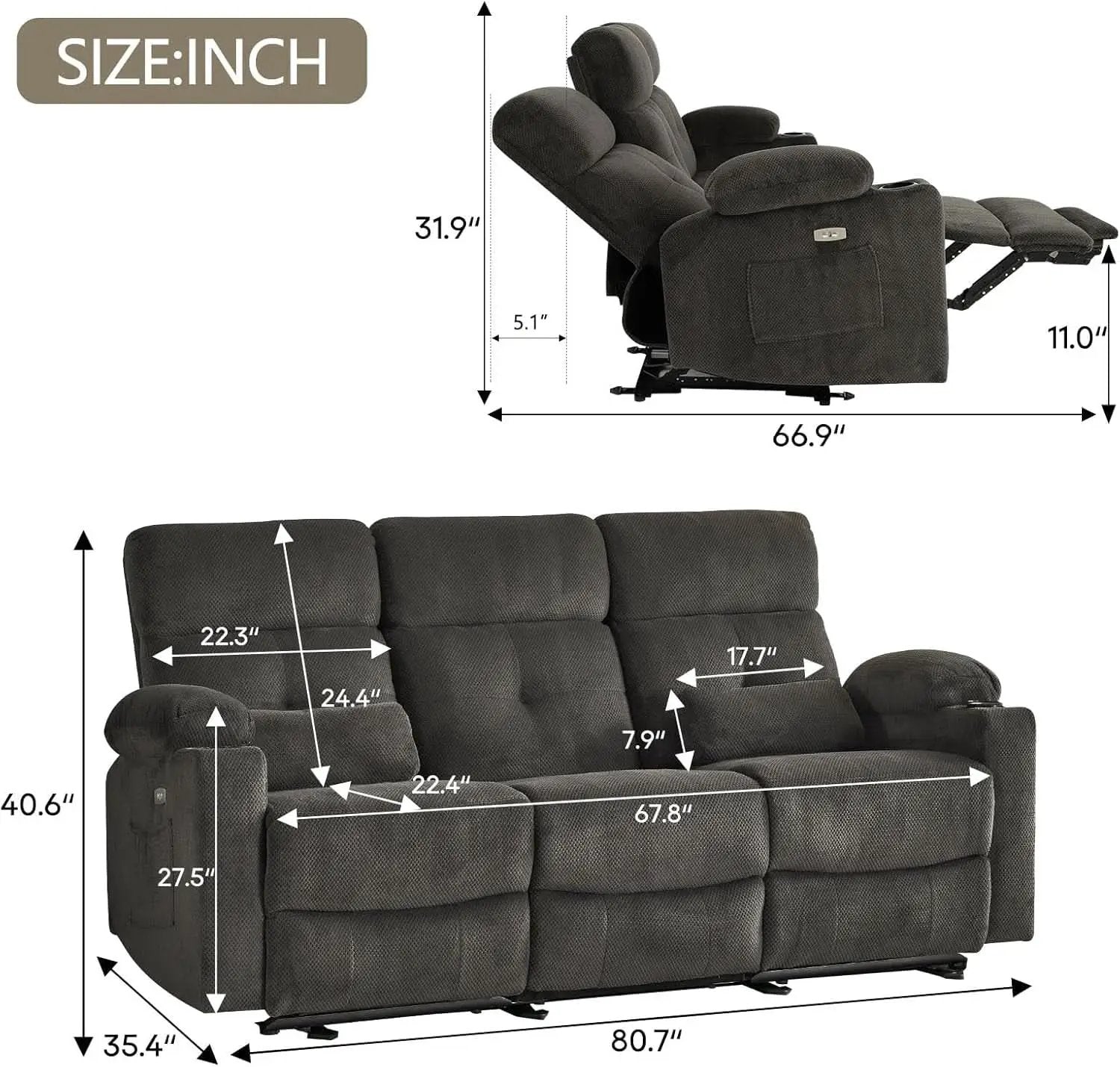 80 Inch Massage Recliner Sofa With Remote And USB Ports from PriceLows™