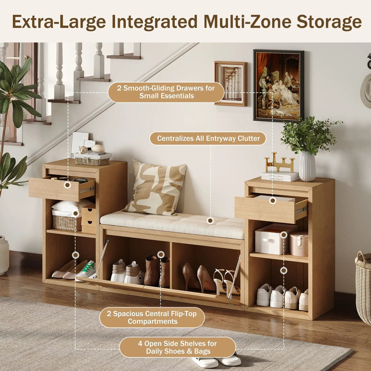 Entryway Storage Bench | Flip Top Compartment | Pine Wood Frame