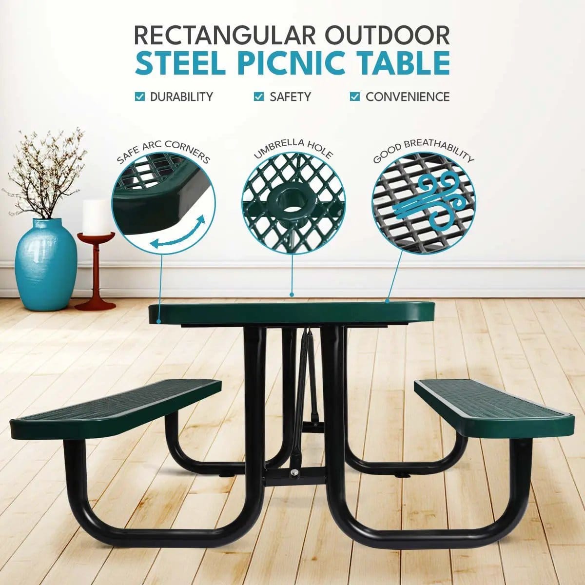 Outdoor Steel Picnic Rectangular Table With Umbrella Pole | 3 Pieces | Steel & Metal | Dining Room