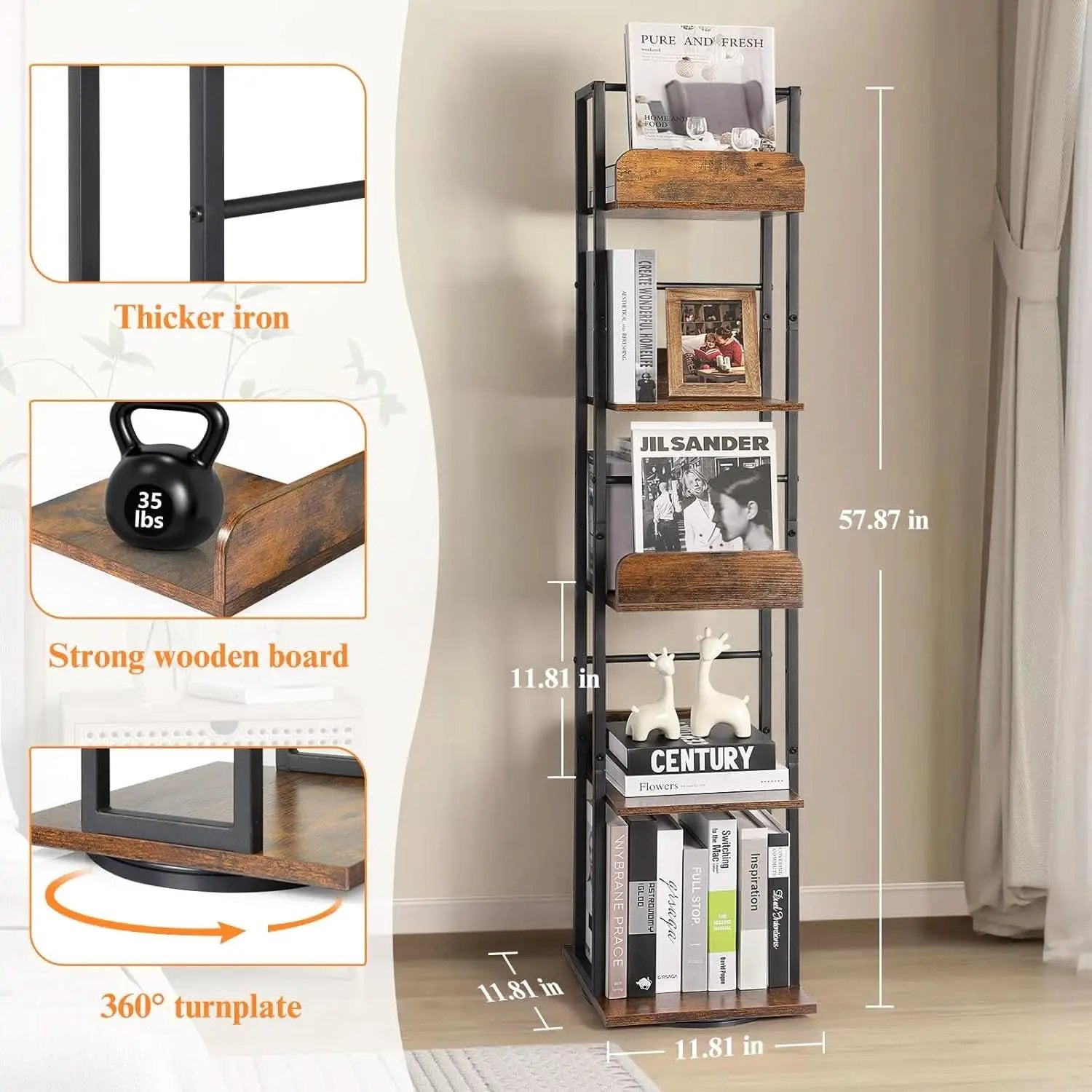 Black 5-Shelf 360 Degree Rotating Corner Bookshelf Tower from PriceLows™