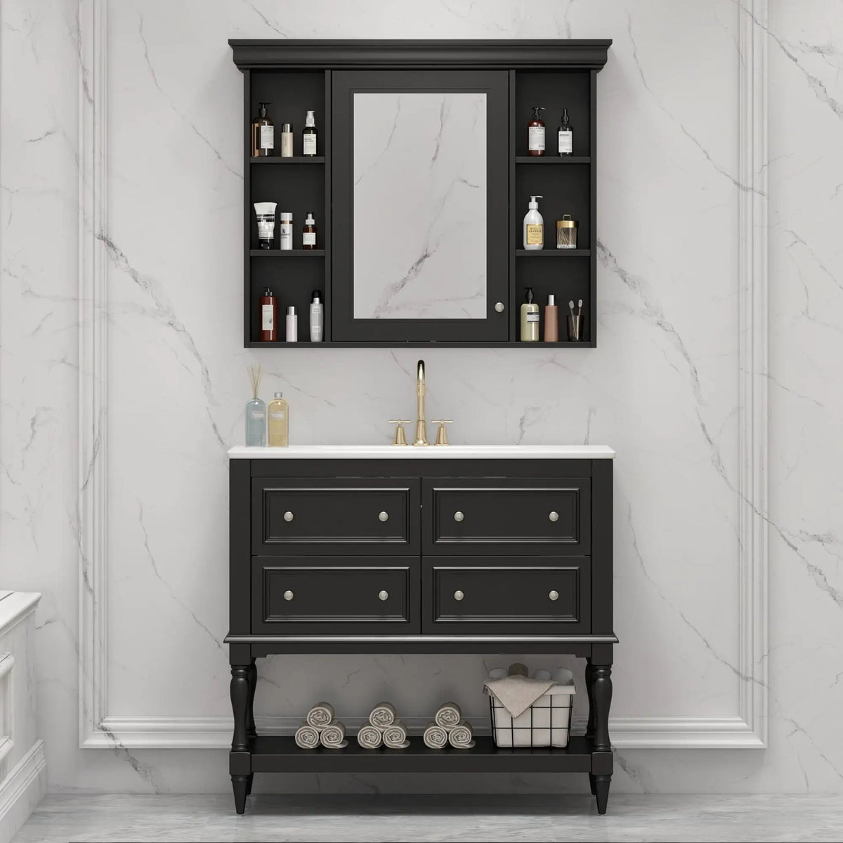 Bathroom Vanity With Medicine Cabinet | 4 Extension Drawers | Adjustable Shelf Mirror | Solid Wood Frame