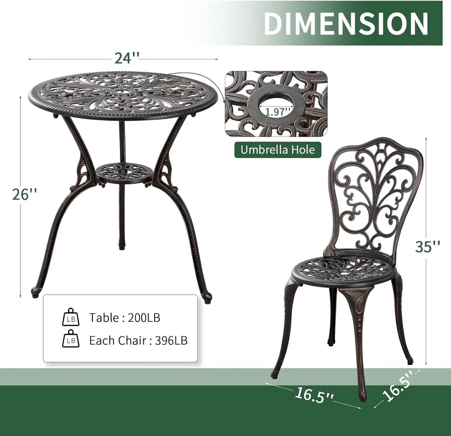 3 Piece Cast Aluminum Outdoor Patio Bistro Set With Umbrella Hole In Brown All Weather Durable from PriceLows™