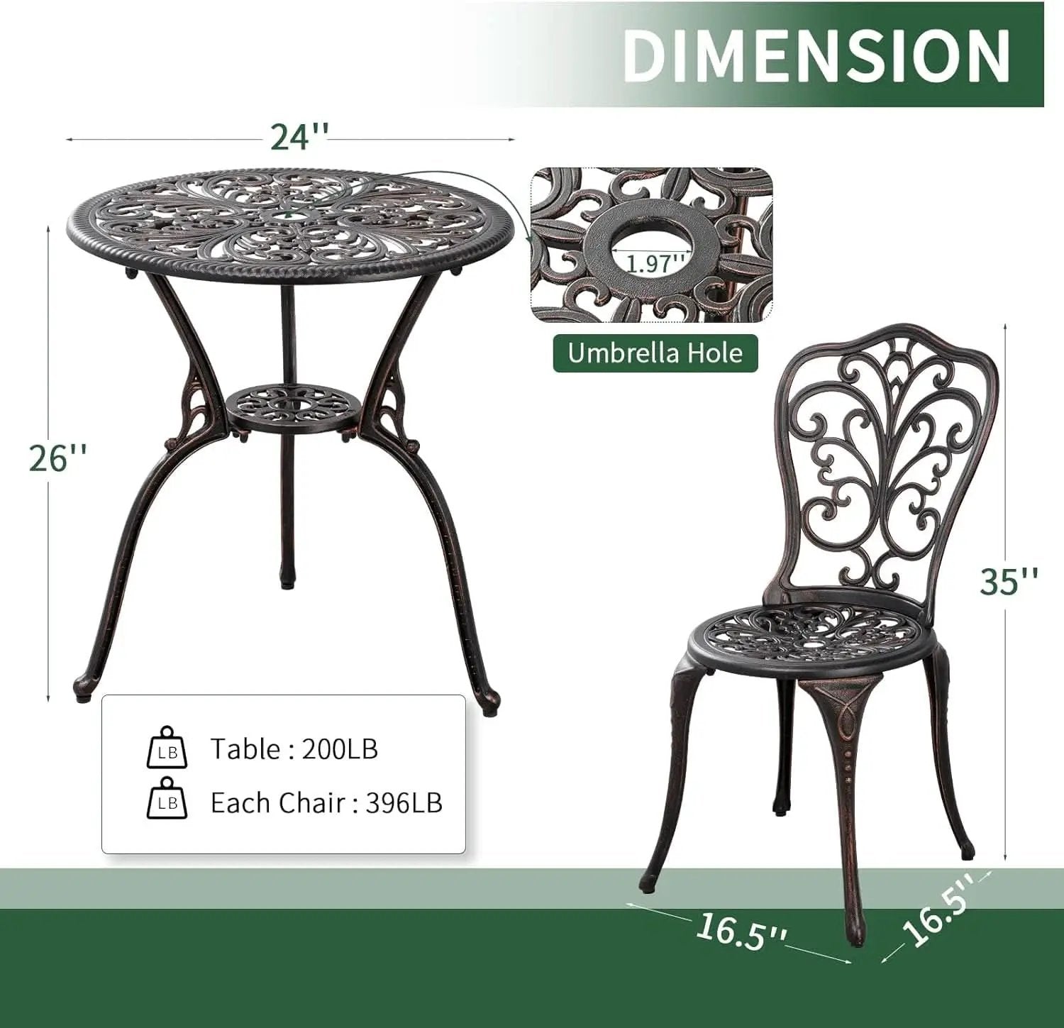 3 Piece Cast Aluminum Outdoor Patio Bistro Set With Umbrella Hole In Brown All Weather Durable from PriceLows™
