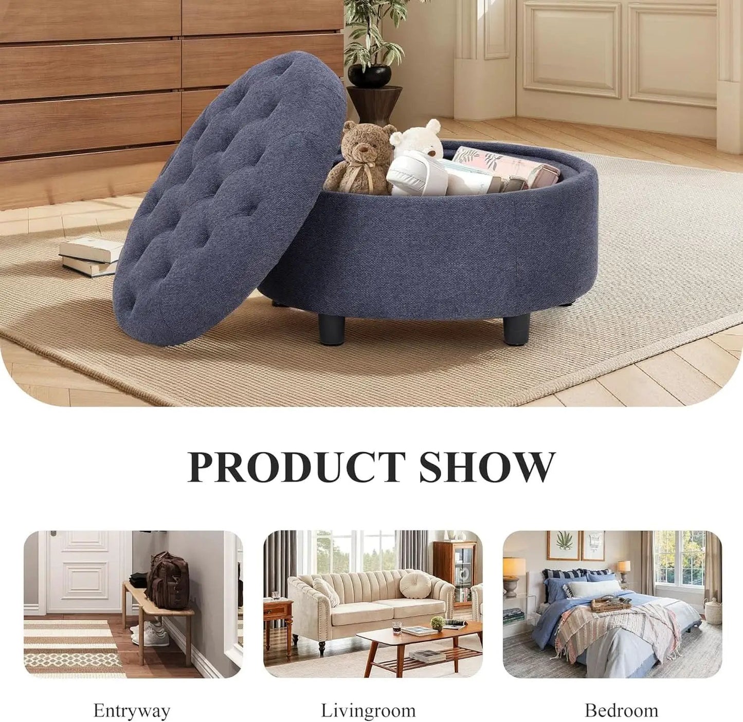 Blue Upholstered Circular Storage Ottoman With Tray from PriceLows™
