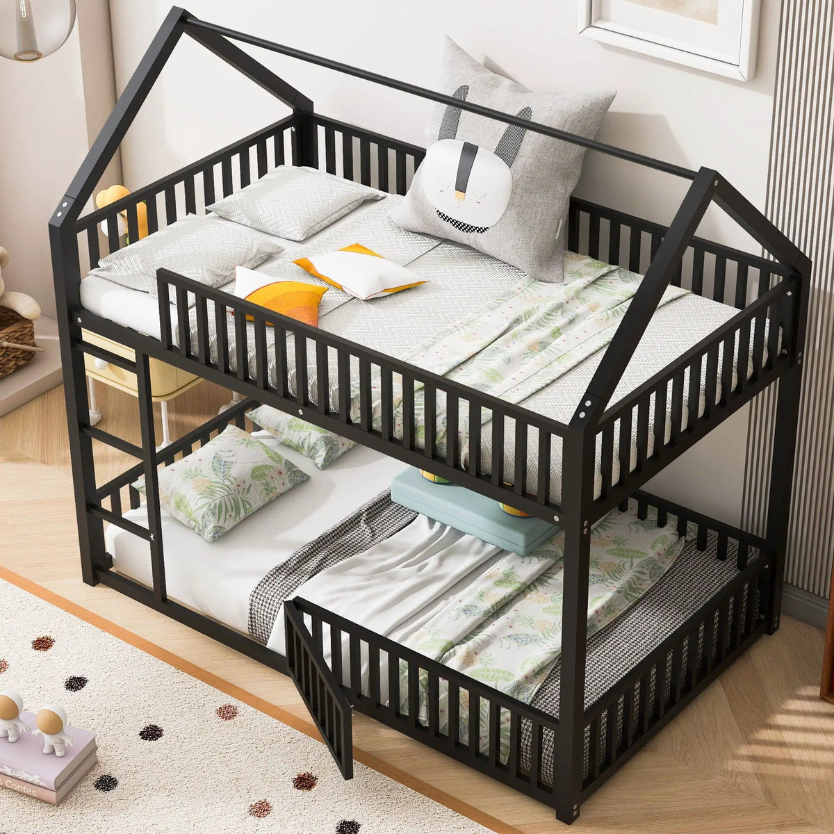 Metal House Bunk Bed | Twin Size | With Fence and Built-In Door