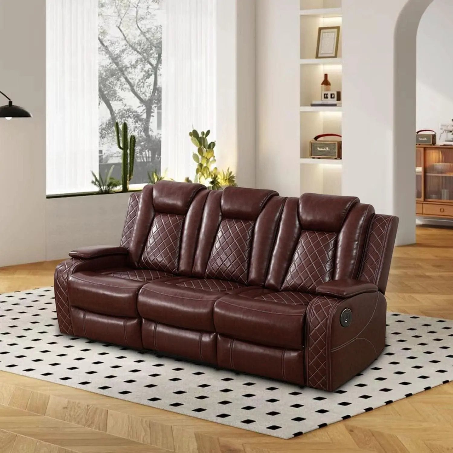 Power Reclining Leather Sofa Set With USB Ports Burgundy from PriceLows™