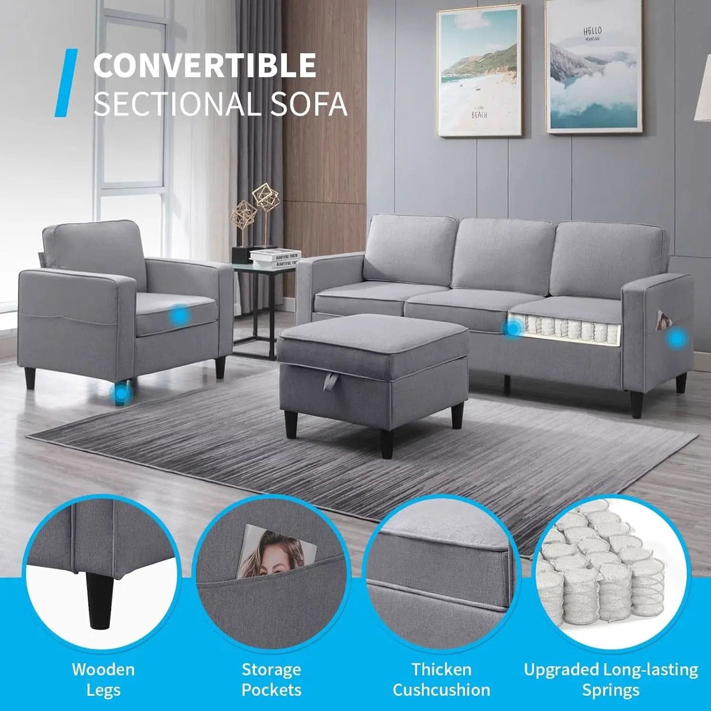 Light Grey Convertible Sofa Set With Storage Ottoman from PriceLows™
