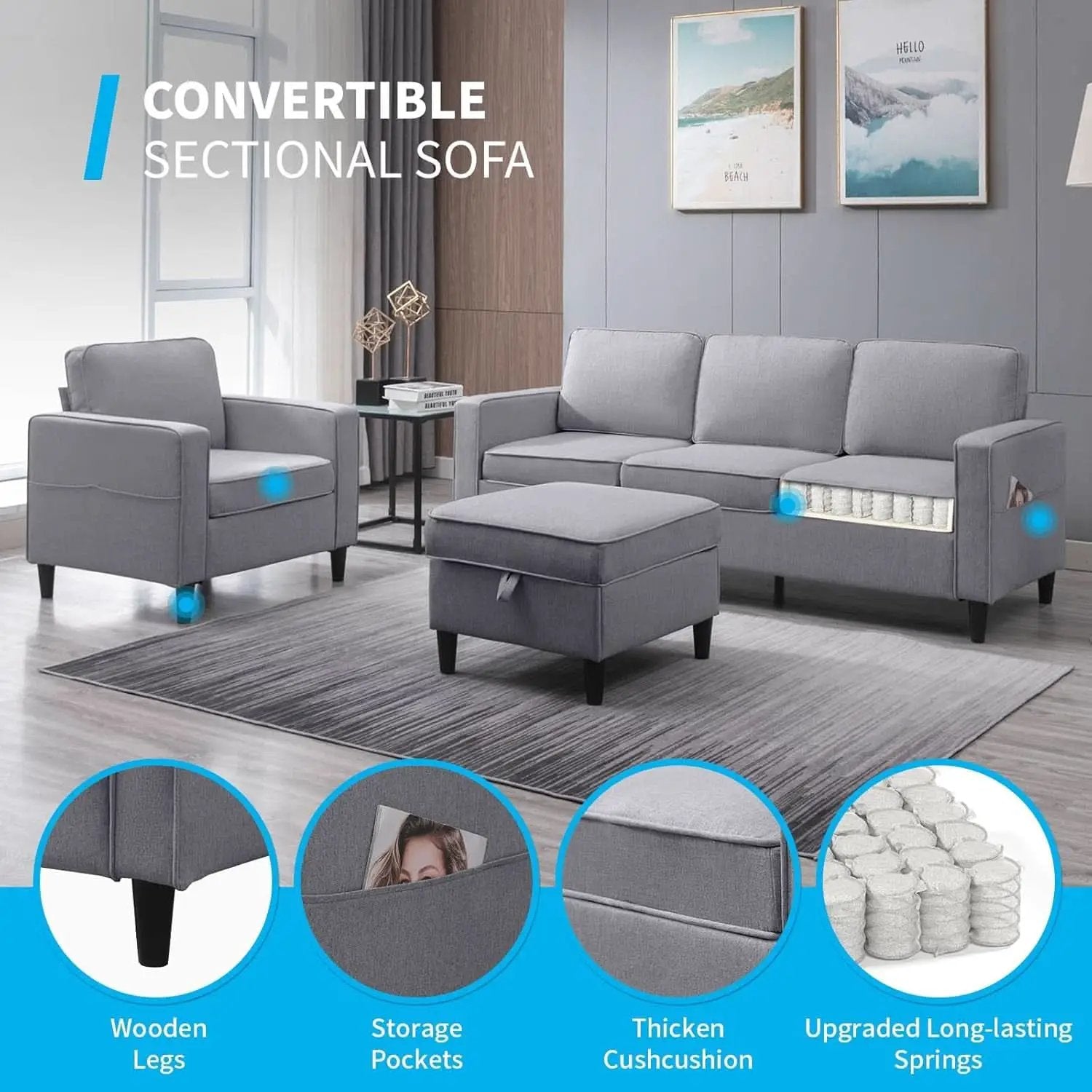 Light Grey Convertible Sofa Set With Storage Ottoman from PriceLows™