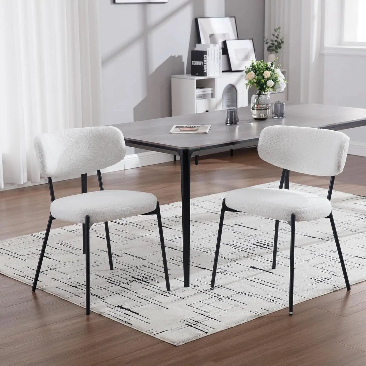 White Boucle Upholstered Dining Chairs Curved Back from PriceLows™