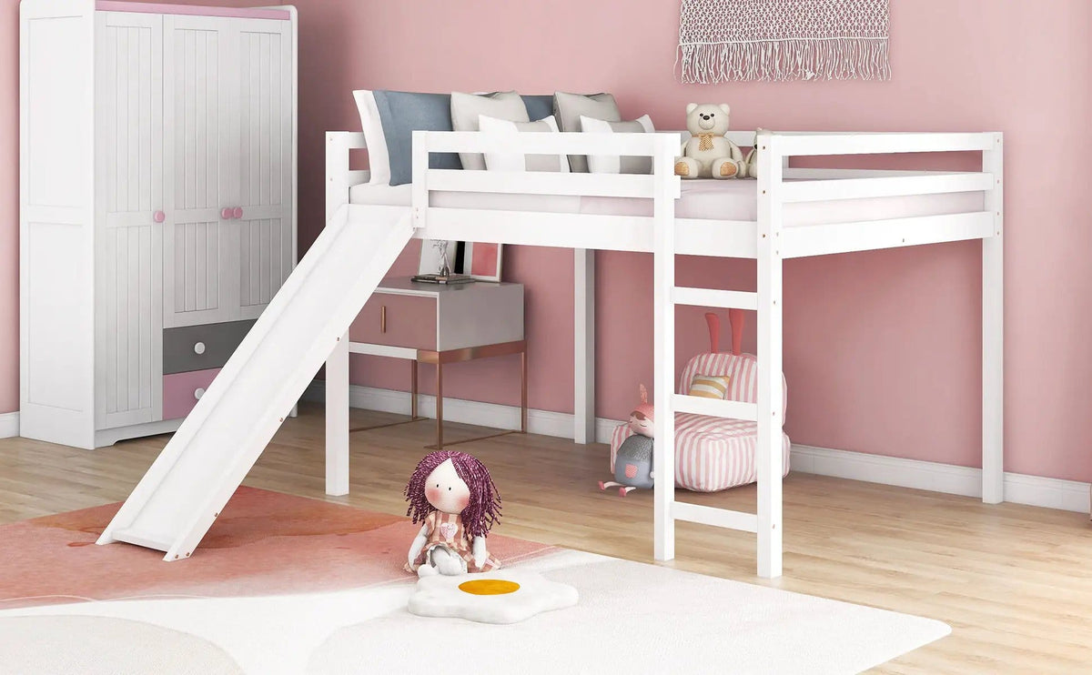 Full Loft Bed With Slide, Multifunctional Design - | 77.4 x 57.2 x 49.2 in | Pine Wood | White