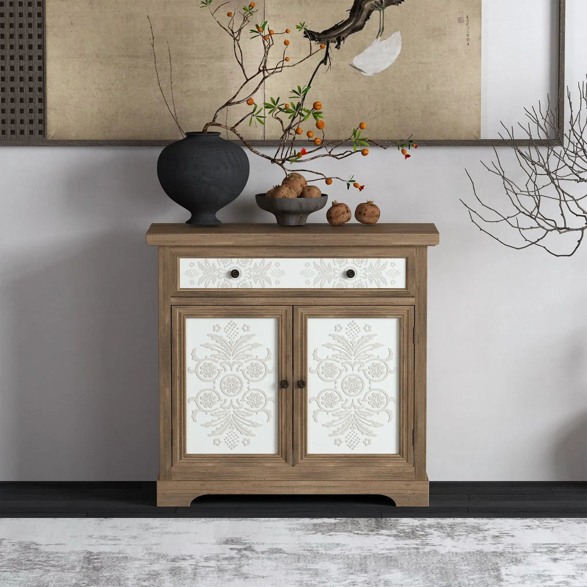 Accent Cabinet | Carved Floral Panels | Distressed Finish | Antique Brown