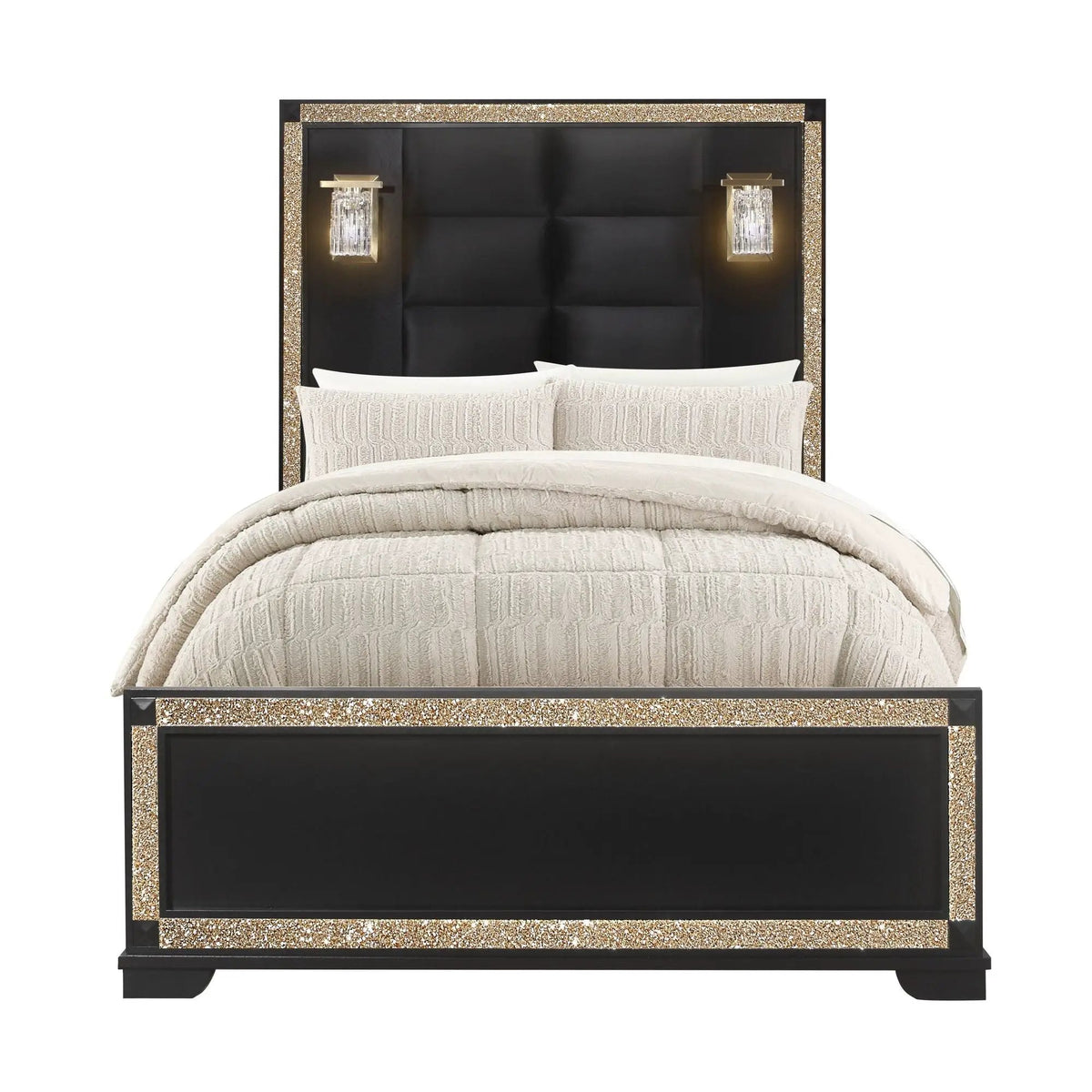Panel Bed With Lamps | Glitter Detail | Low Profile | Durable Wood Construction