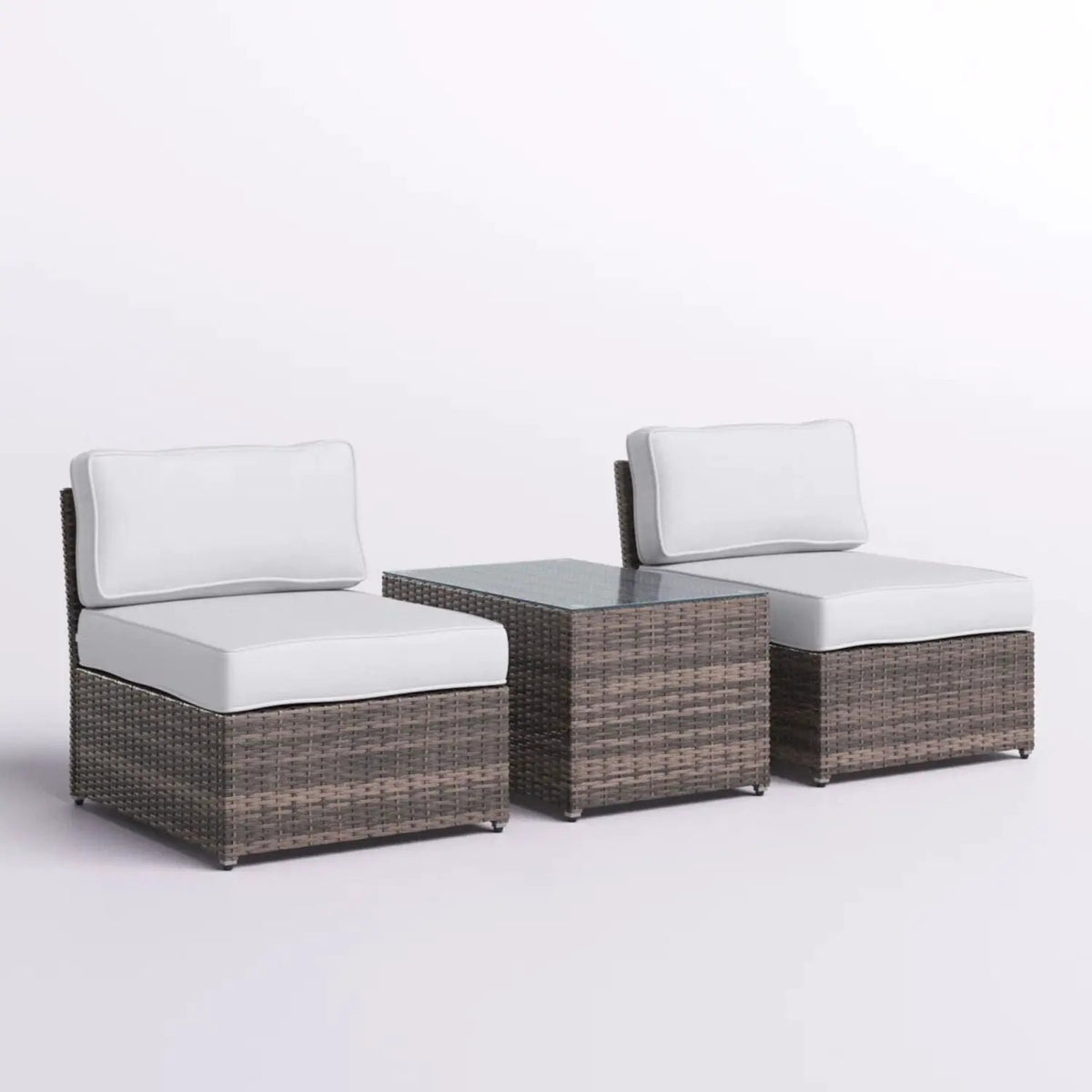Modern Wicker Outdoor Seating Set | 3-Piece | Glass-Top Coffee Table | 5 Inch Cushions