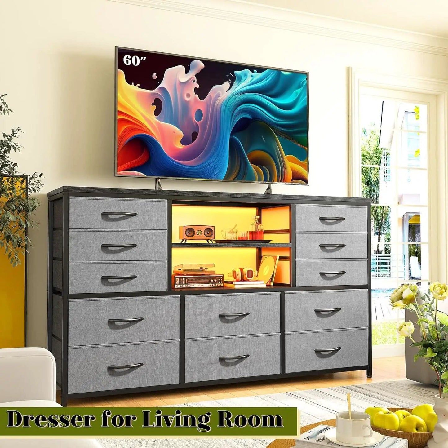 12 Drawer Long Dresser With LED Lights And Built In Power Outlet For Bedroom Storage from PriceLows™