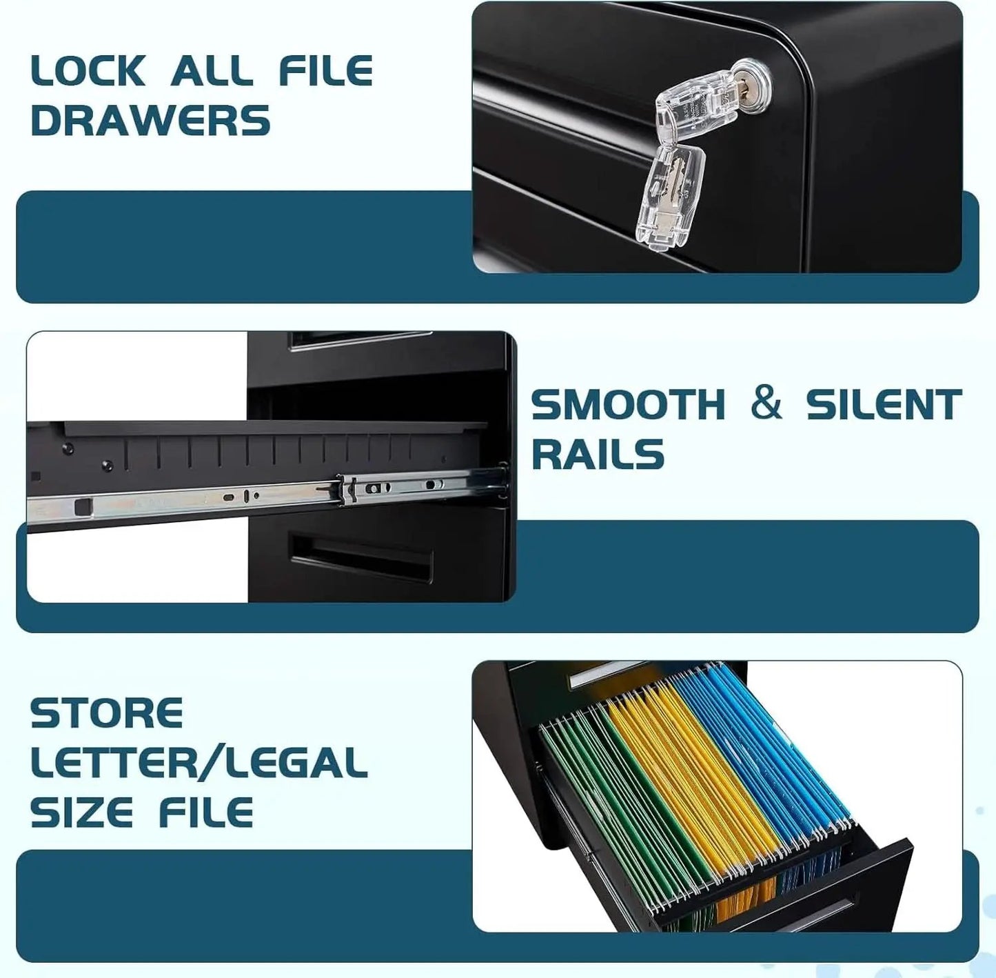 Mobile 3 Drawer Filing Cabinet With Lock Black Rolling from PriceLows™