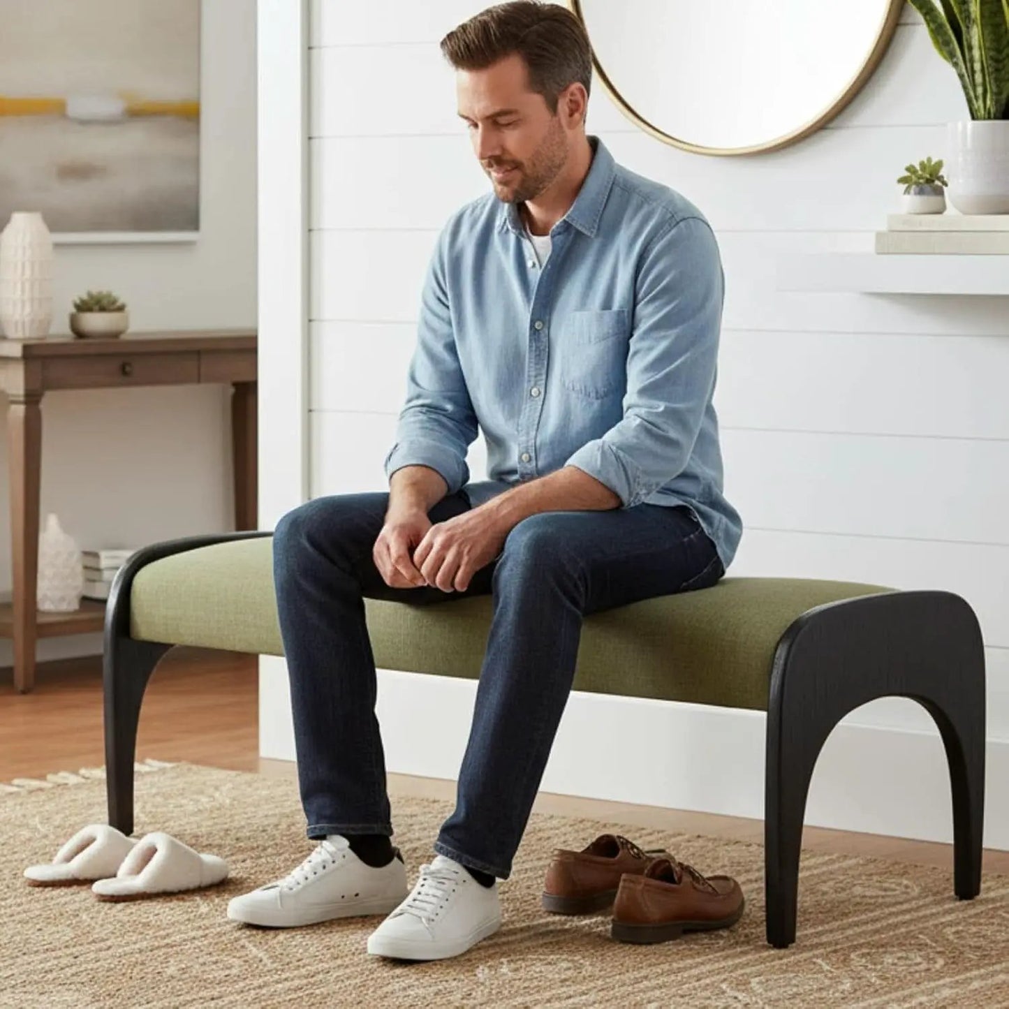 51 Inches Wide Linen Textured Emerald Ottoman Bench from PriceLows™
