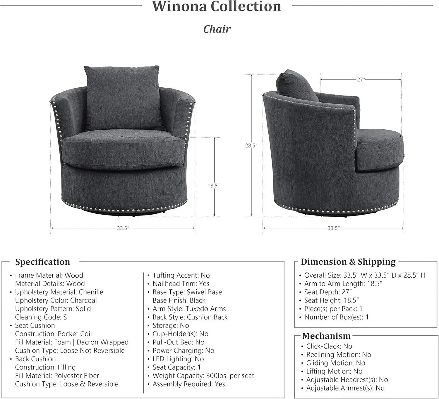 Charcoal 3 Piece Living Room Set With Chenille Upholstery from PriceLows™