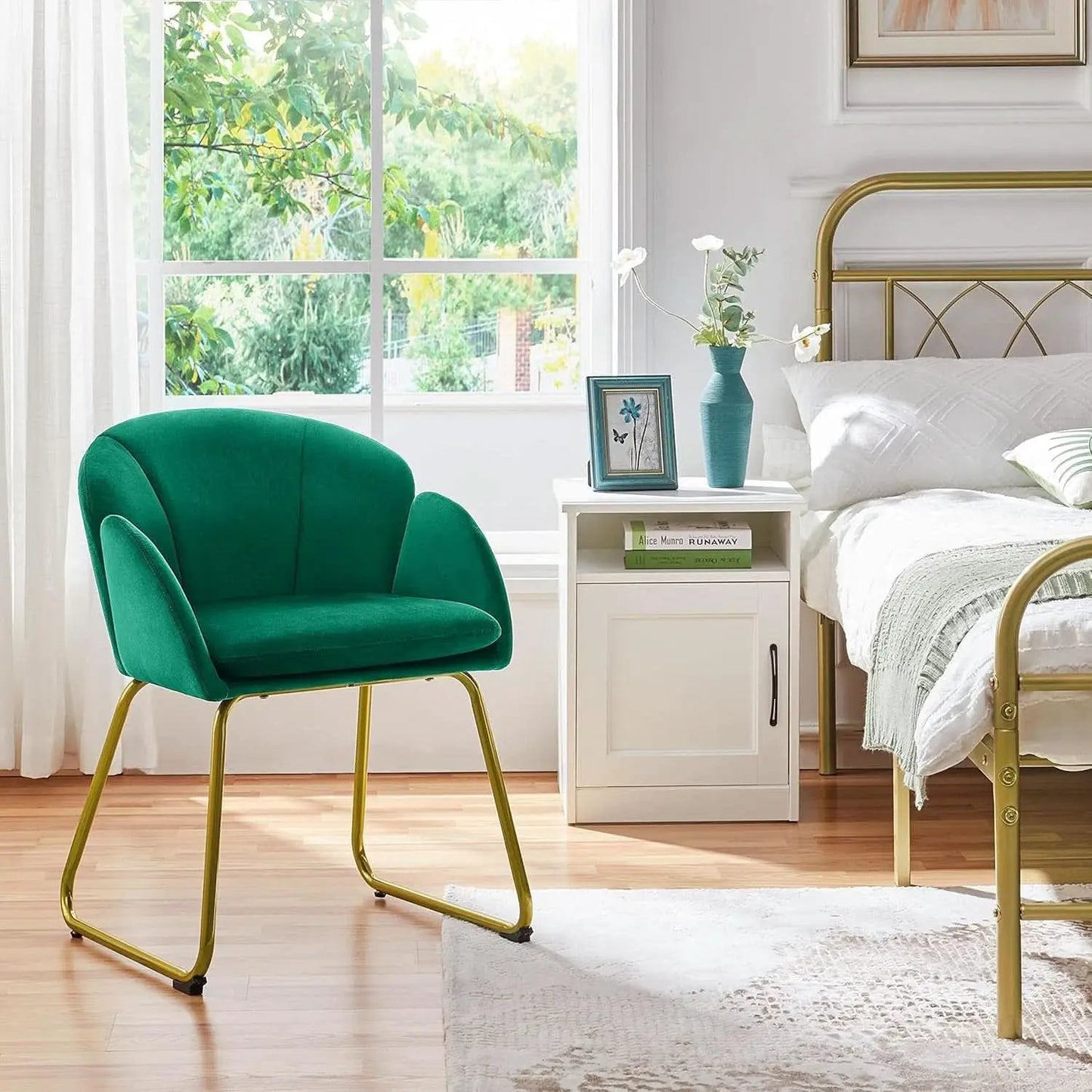 Flower Velvet Vanity Chair Green Upholstery With Gold Legs from PriceLows™
