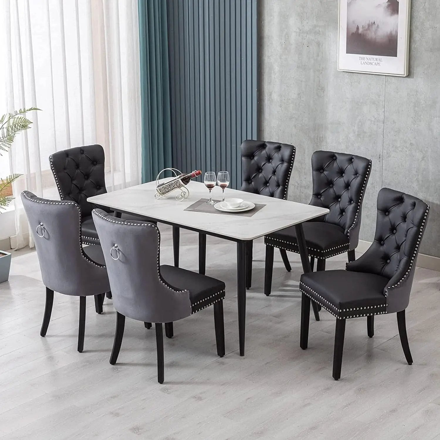 Velvet Dining Chairs Set Of 6 Black And Dark Grey Nailhead Trim from PriceLows™