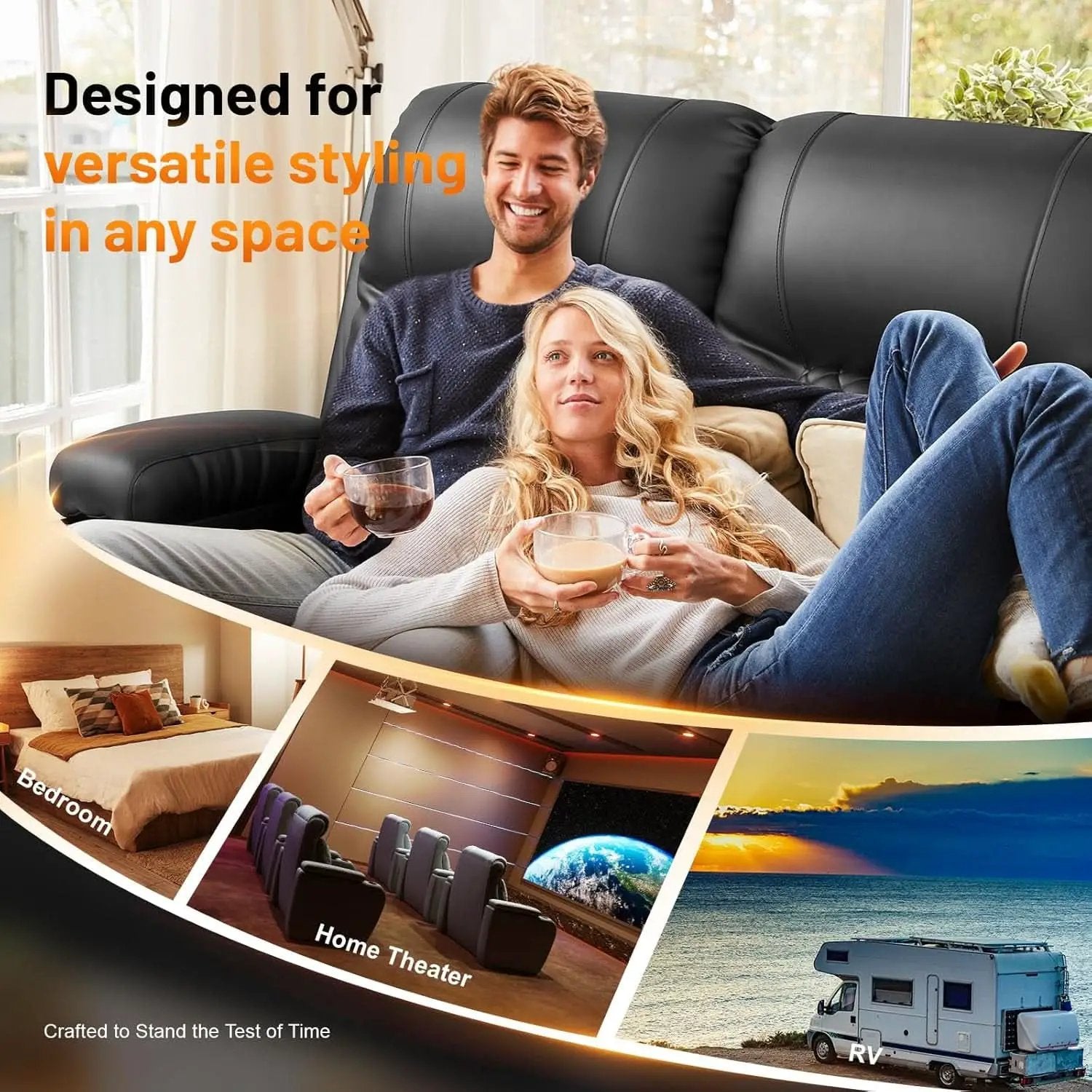 Black PU Leather Four Seater Recliner With USB Ports from PriceLows™