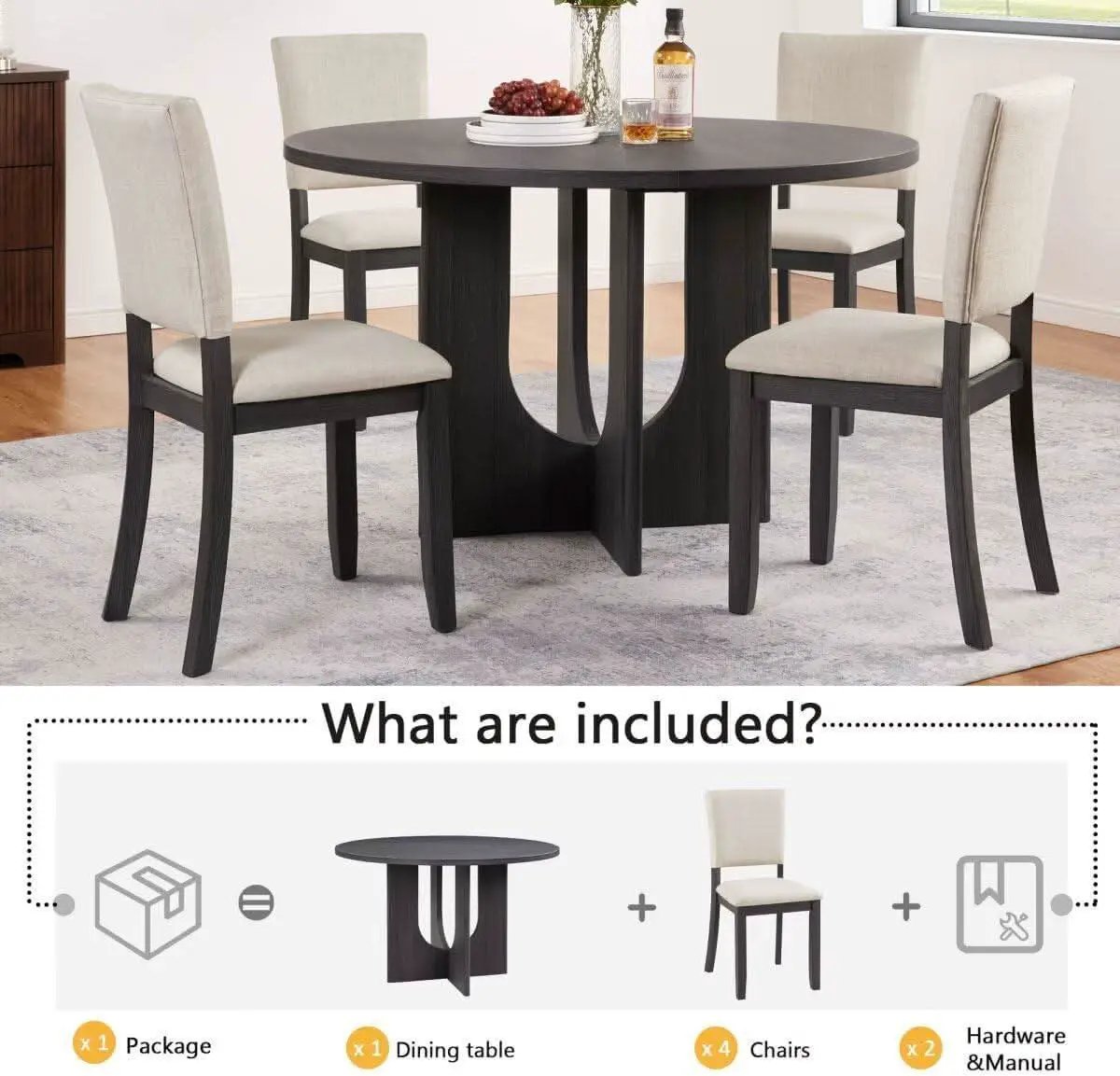 Round Dining Set With 47 Inch Table And Beige Upholstered Chairs from PriceLows™
