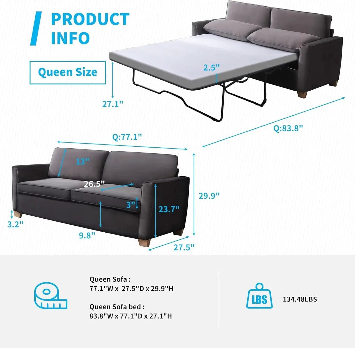 Queen Size Sleeper Sofa Bed DarkSlateGrey StainResistant from PriceLows™
