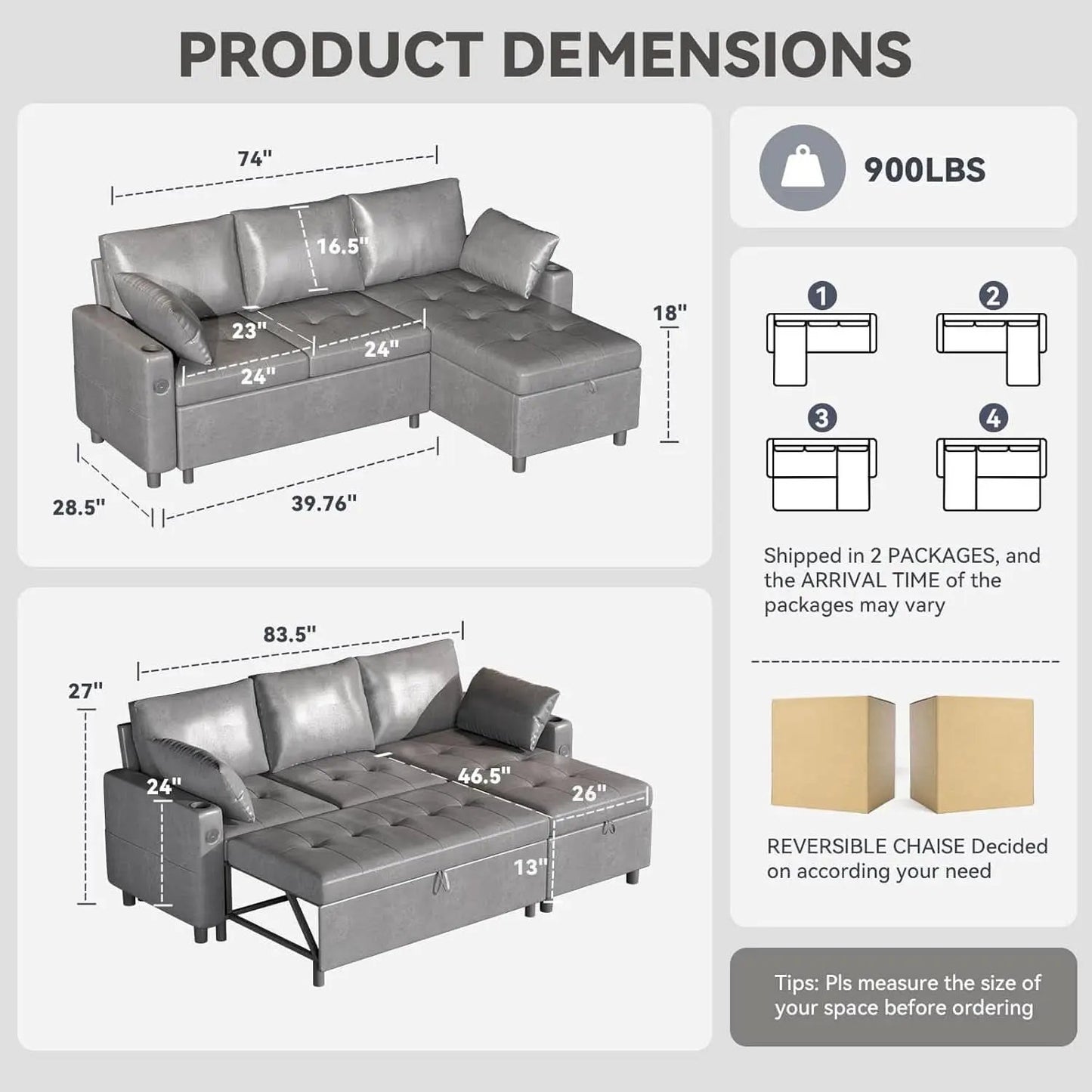 Charcoal Gray Sleeper Sofa With Reversible Storage Chaise from PriceLows™