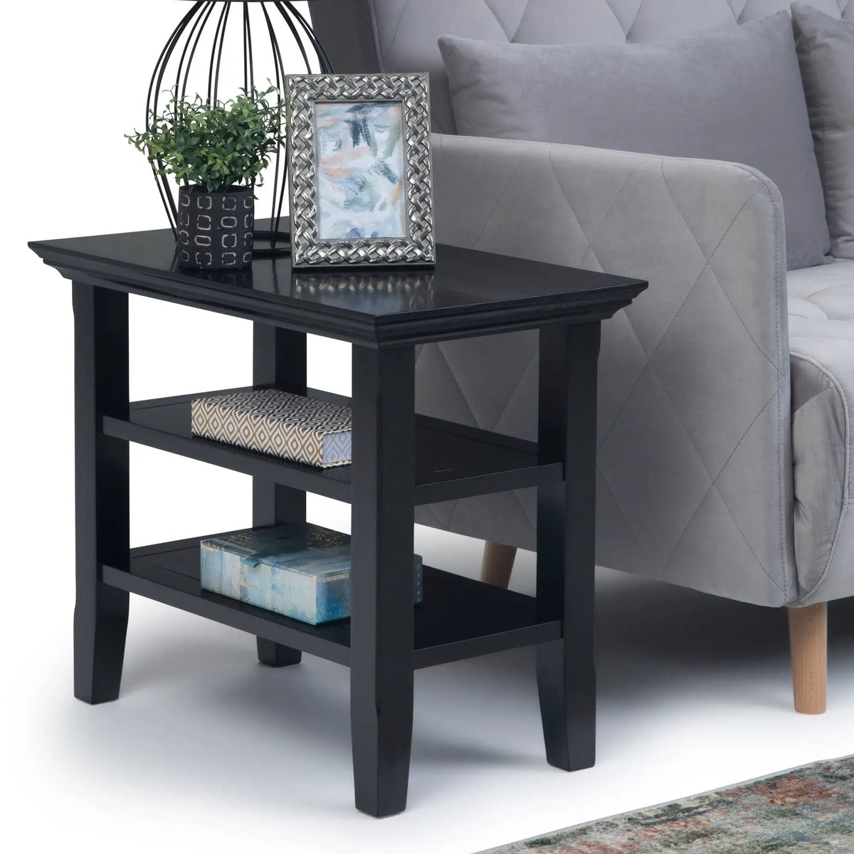Acadian Narrow Side Table | Handcrafted Solid Wood | 2 Open Storage Shelves | 24 Inch Height