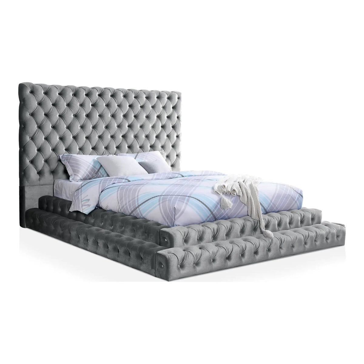 Tufted Platform Bed | Oversized Headboard | Fully Upholstered Frame | Glam Design