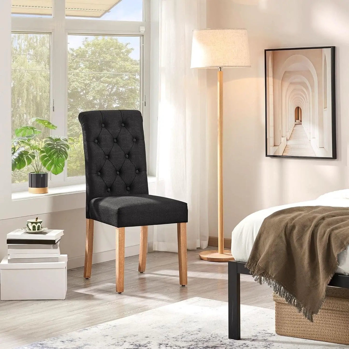 Tufted Upholstered Dining Chair Pair With Solid Wood Legs Black from PriceLows™