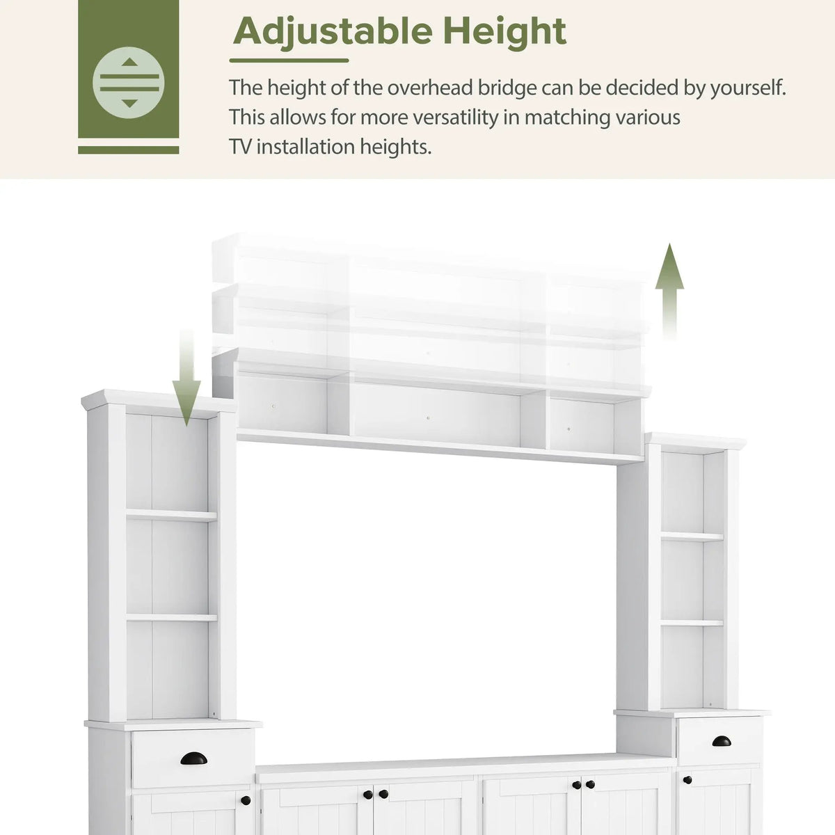 Minimalist Entertainment Wall Unit | Fits TVs Up To 75 Inch | Adjustable Bridge Height | Plank-Inspired Doors