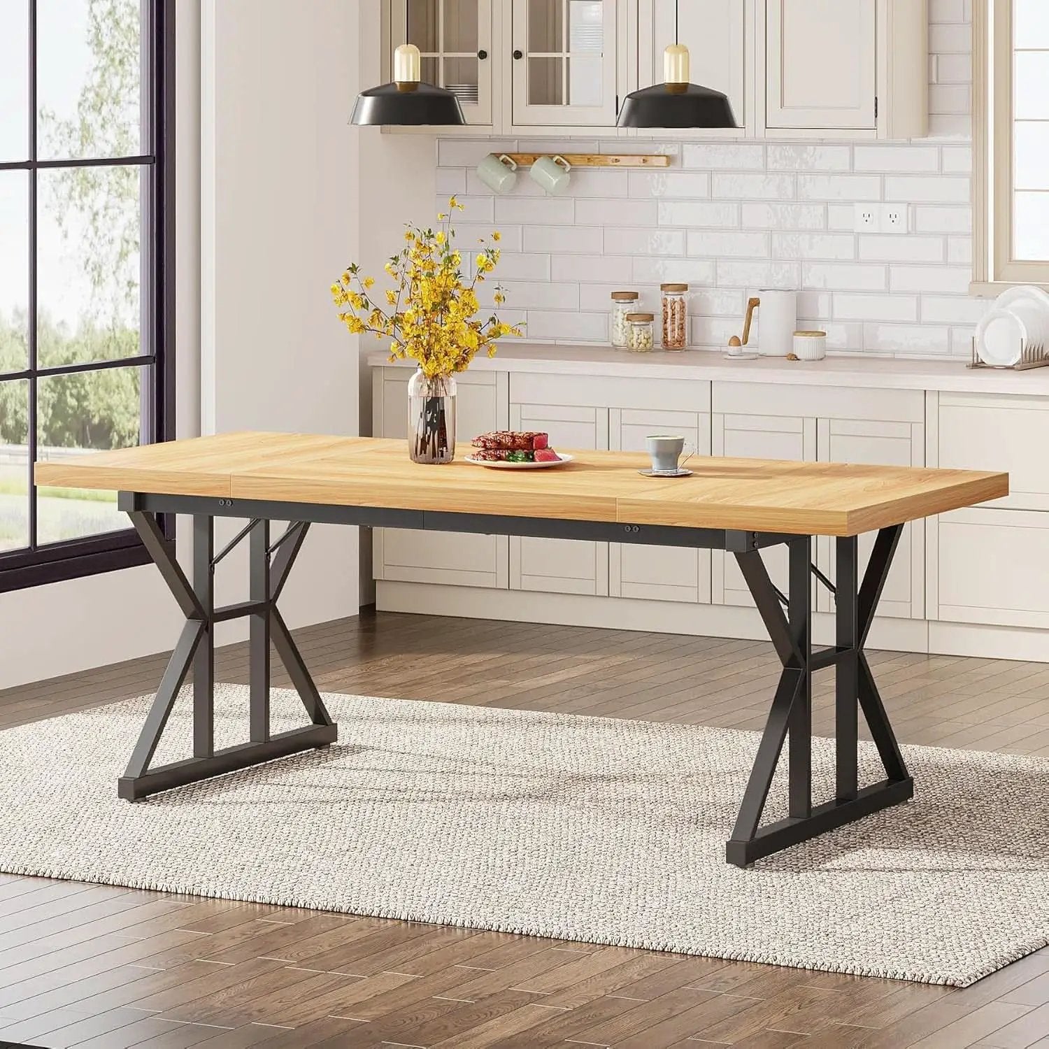 Farmhouse Dining Table 70.8 Inch Wood With Metal Legs from PriceLows™