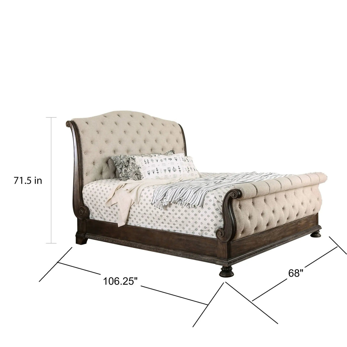 Sleigh Bed | Button Tufted Fabric Headboard | Footboard | Rustic Natural Tone