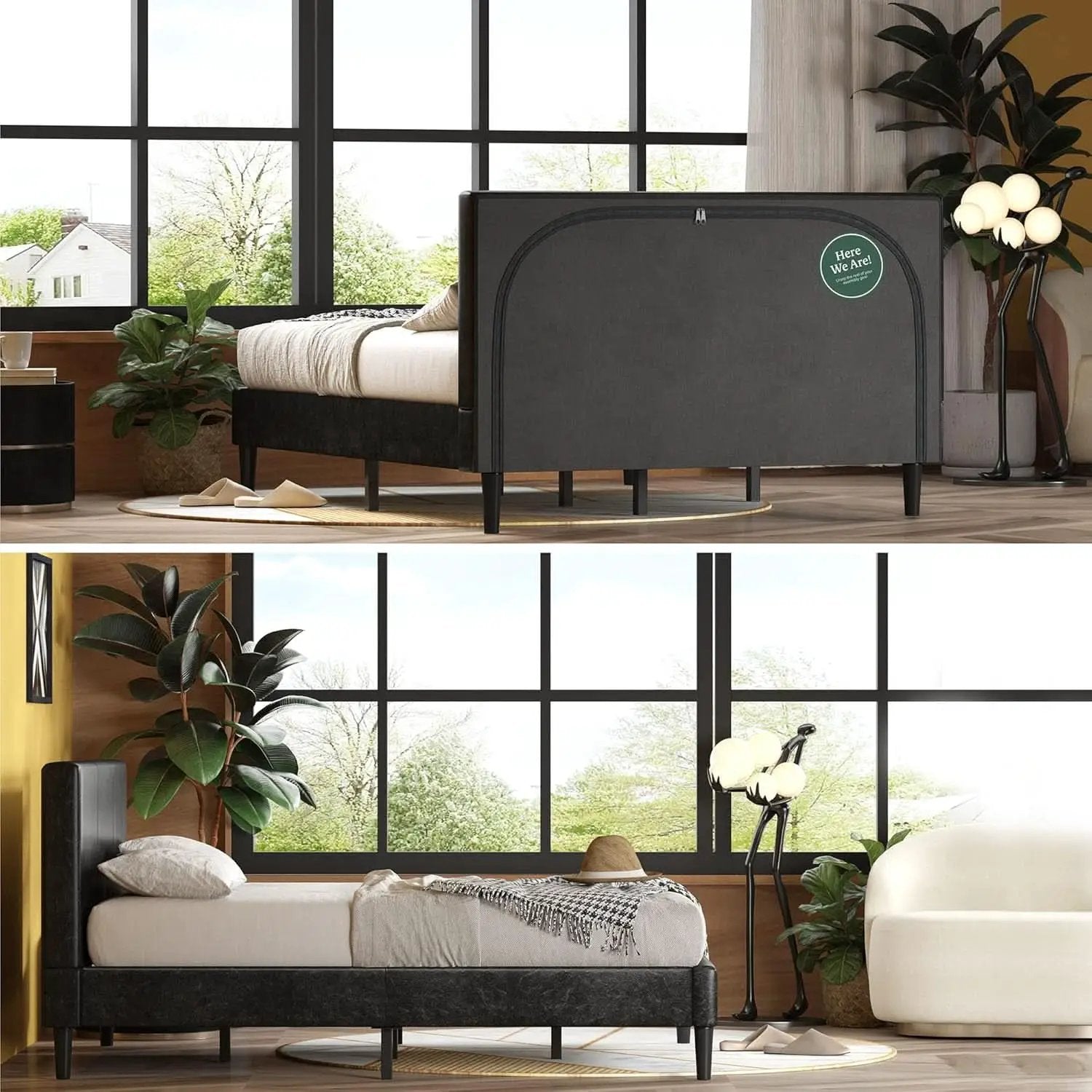 Queen Faux Leather Platform Bed Frame With Wood Slats from PriceLows™