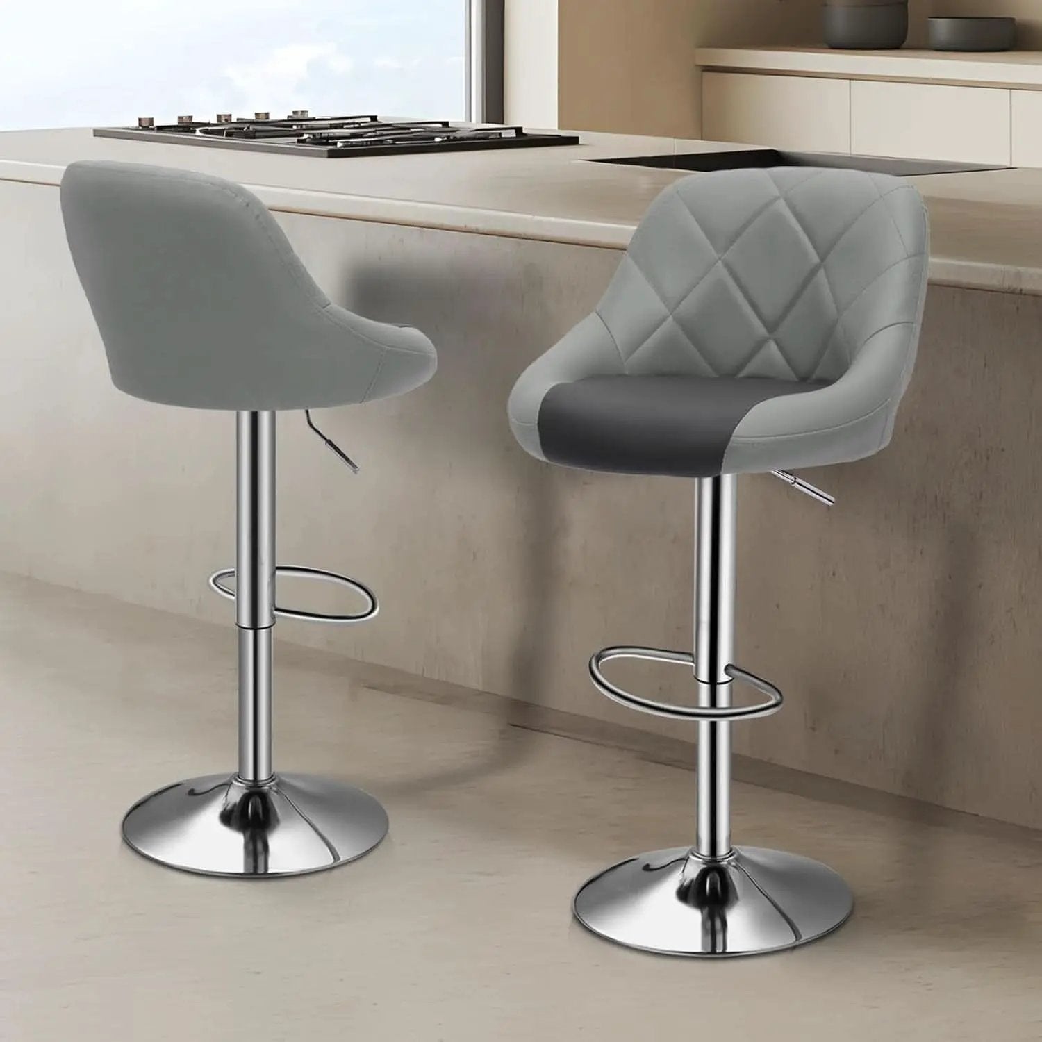 Height Adjustable Grey PU Leather Bar Stools Set Of 2 from PriceLows™