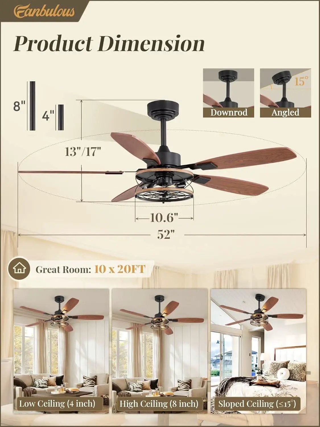 52 Inch Black Farmhouse Ceiling Fan With Light And Remote from PriceLows™