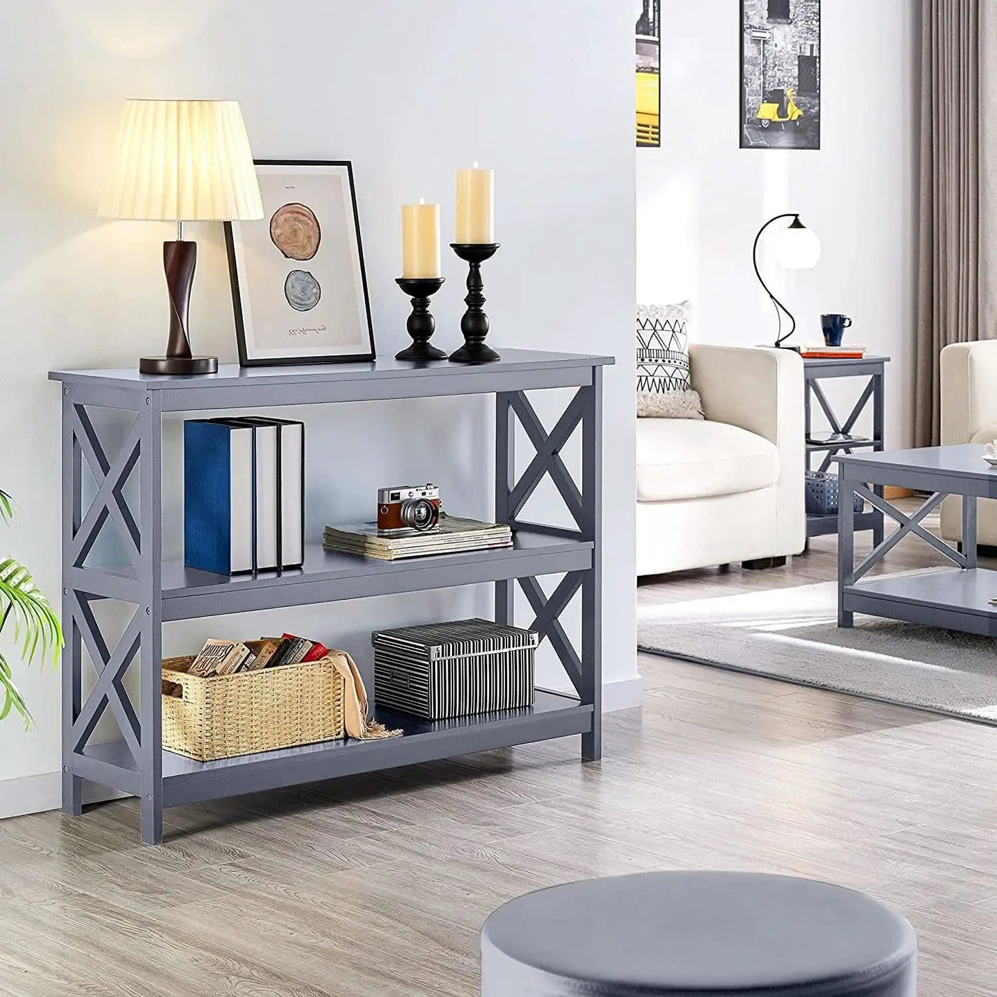 Gray Three Tier Console Table With Storage Shelves from PriceLows™