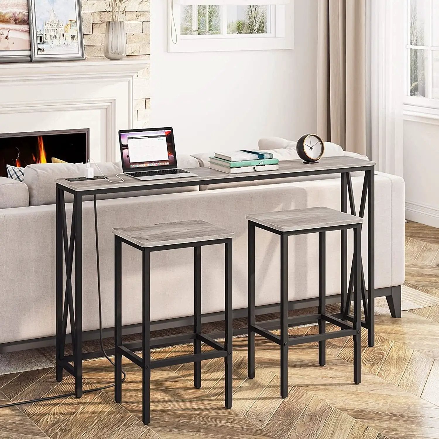 Greige Rectangular Industrial Bar Stool Set of 2, 15in Seat from PriceLows™