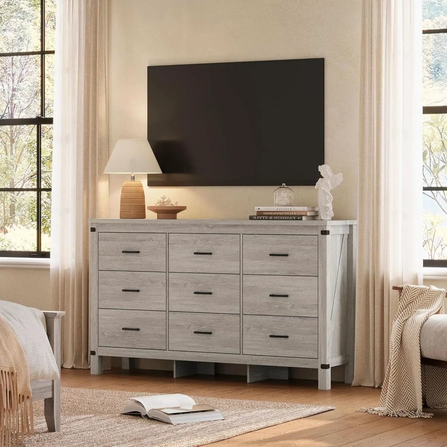 59 Inch Washed Grey Modern Farmhouse DresserWithNineDrawers from PriceLows™