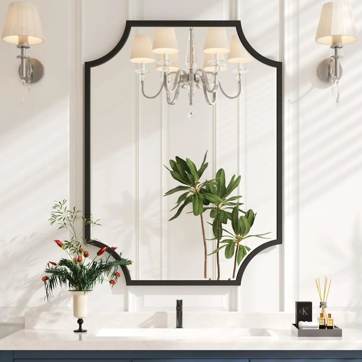 30x40 Black Bathroom Mirror With Gold Scalloped Frame
