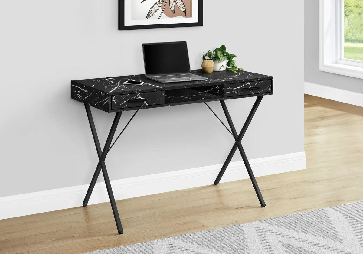 Marble Look Computer Desk | 42 Inch Width | Left Or Right Setup | X-Design Black Metal Base