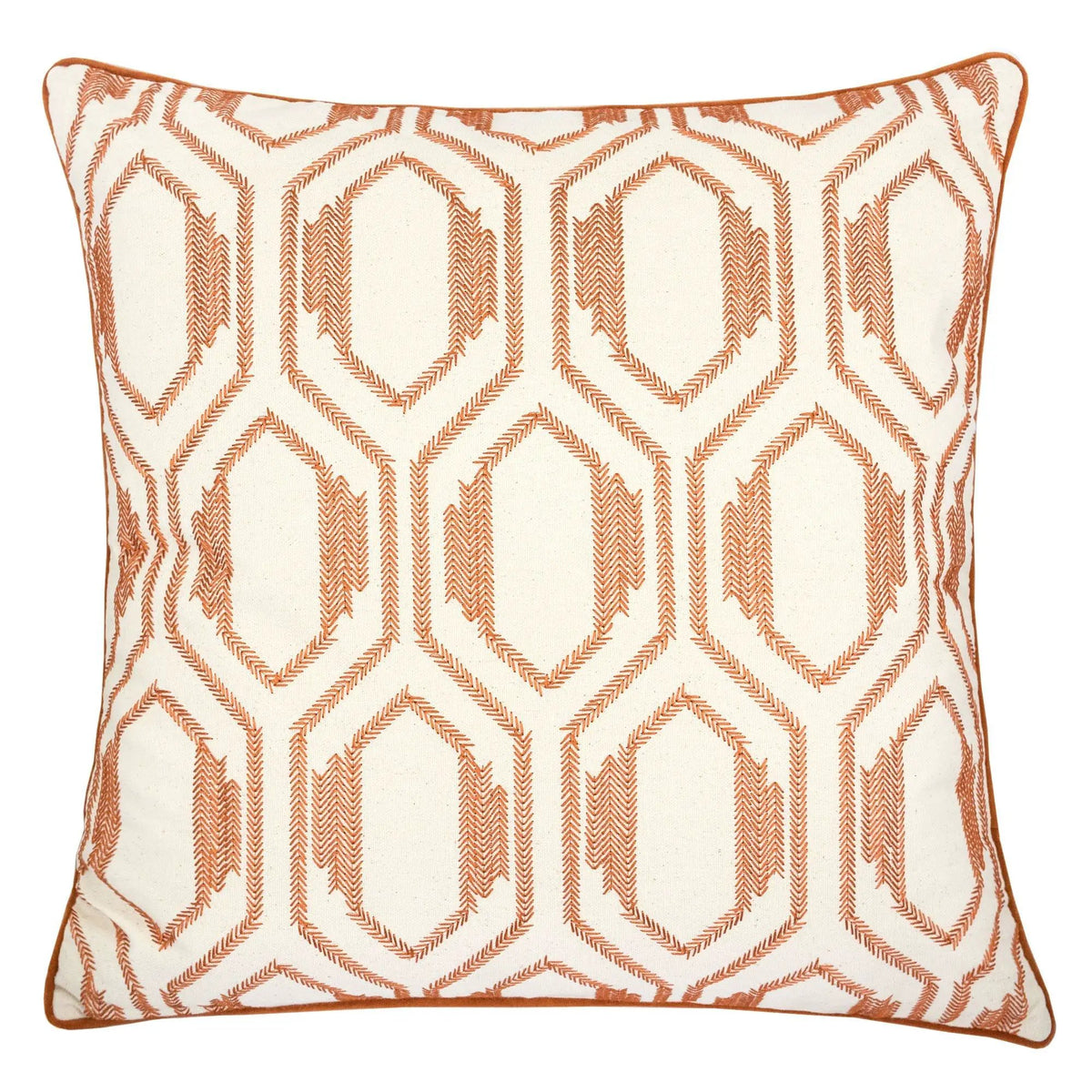 Geometric Embroidered Throw Pillow | Rust Burnt Orange | Natural Cotton Base | 20 x 20 Inch