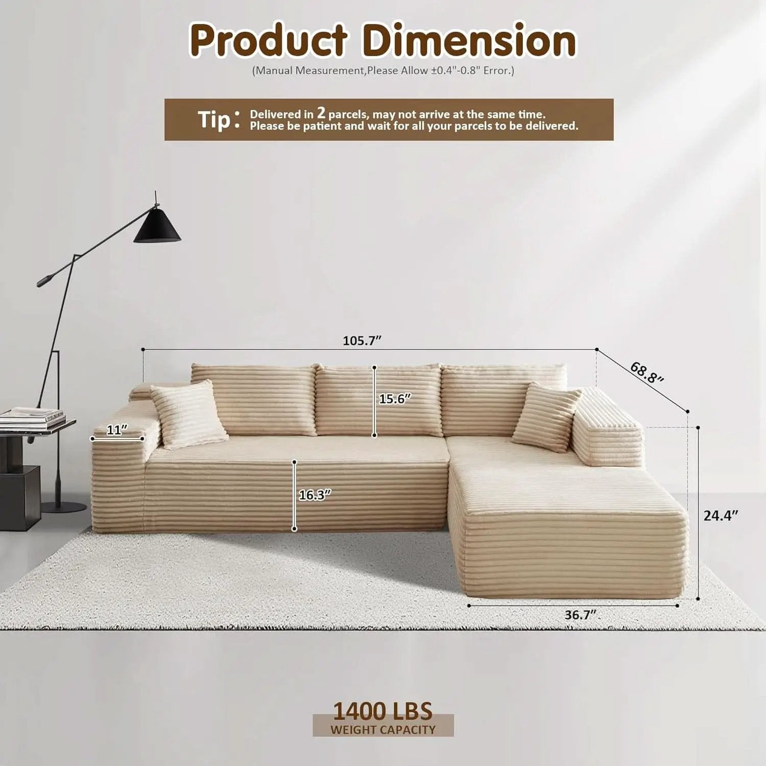 104 Inch Cloud Sectional Sofa Beige No Assembly Required Modern Upholstered Deep Seat Living Room from PriceLows™