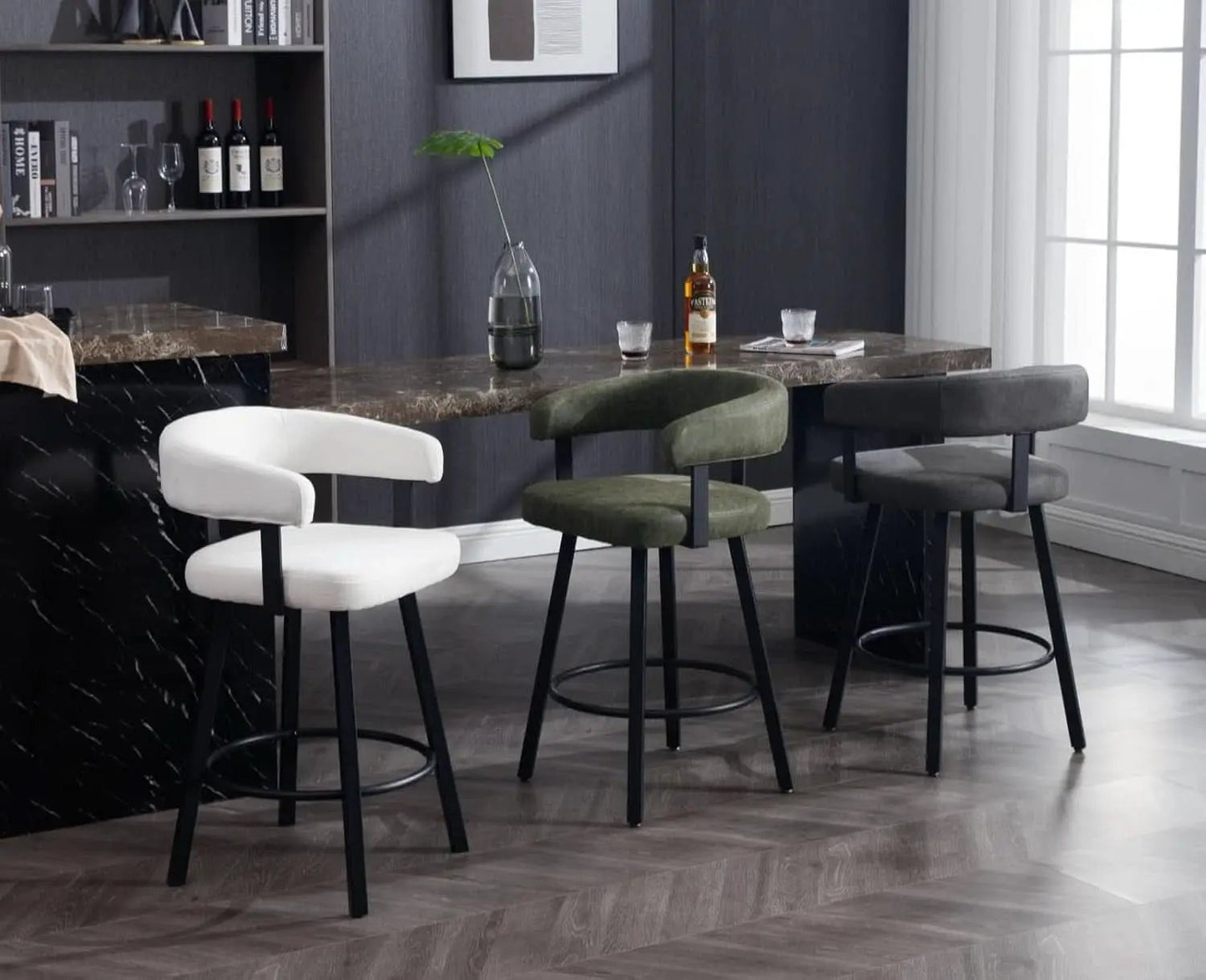 Green Leather Counter Height Bar Stools Set Of 4 With Backs 25 Inch from PriceLows™