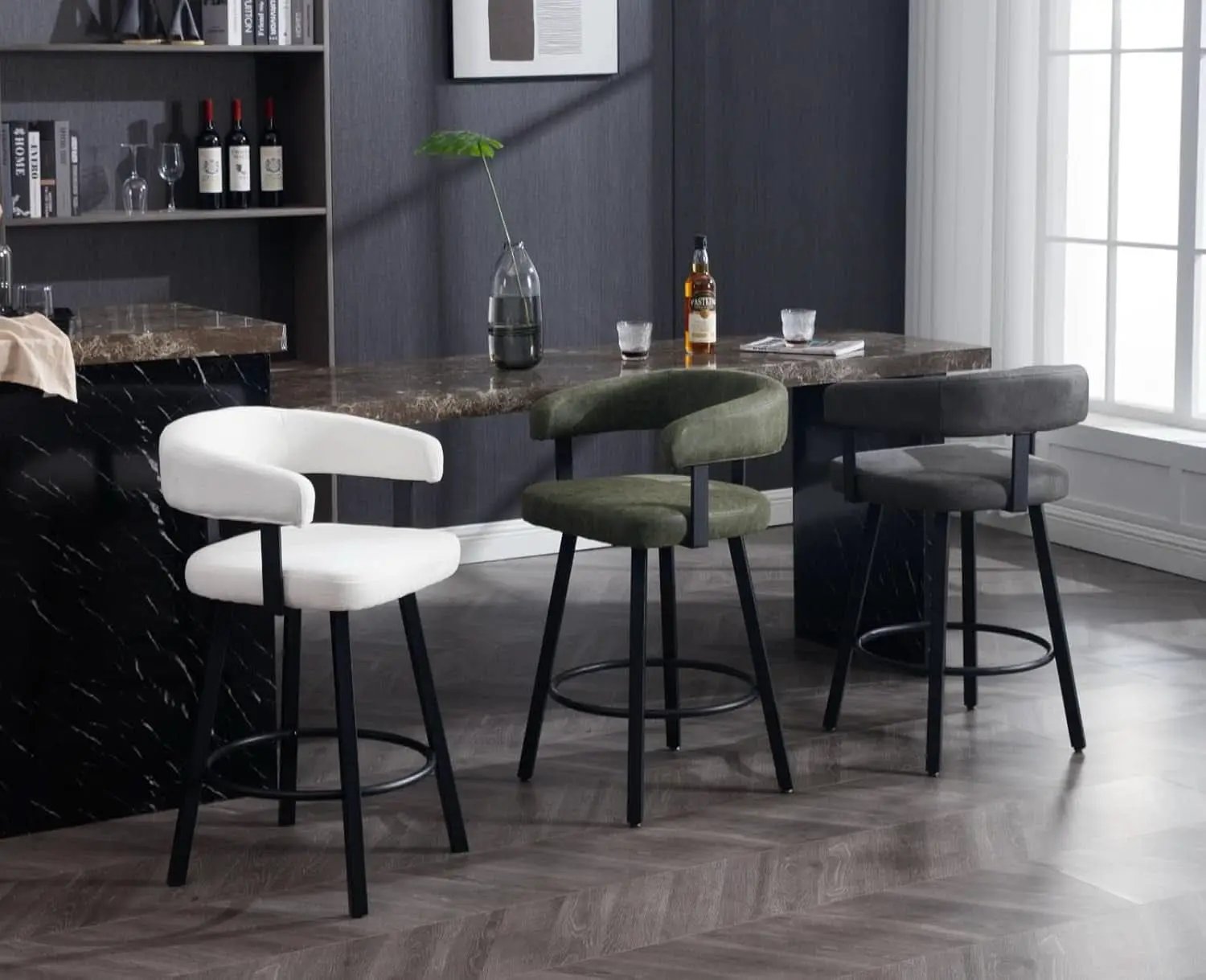 Green Leather Counter Height Bar Stools Set Of 4 With Backs 25 Inch from PriceLows™