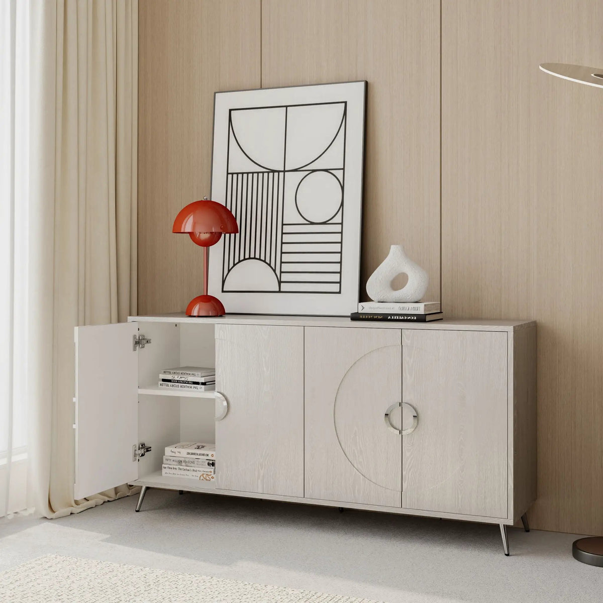 Lacquered 4 Door Sideboard Buffet | Matte Navy Finish | Solid Wood Veneer | Metal Legs