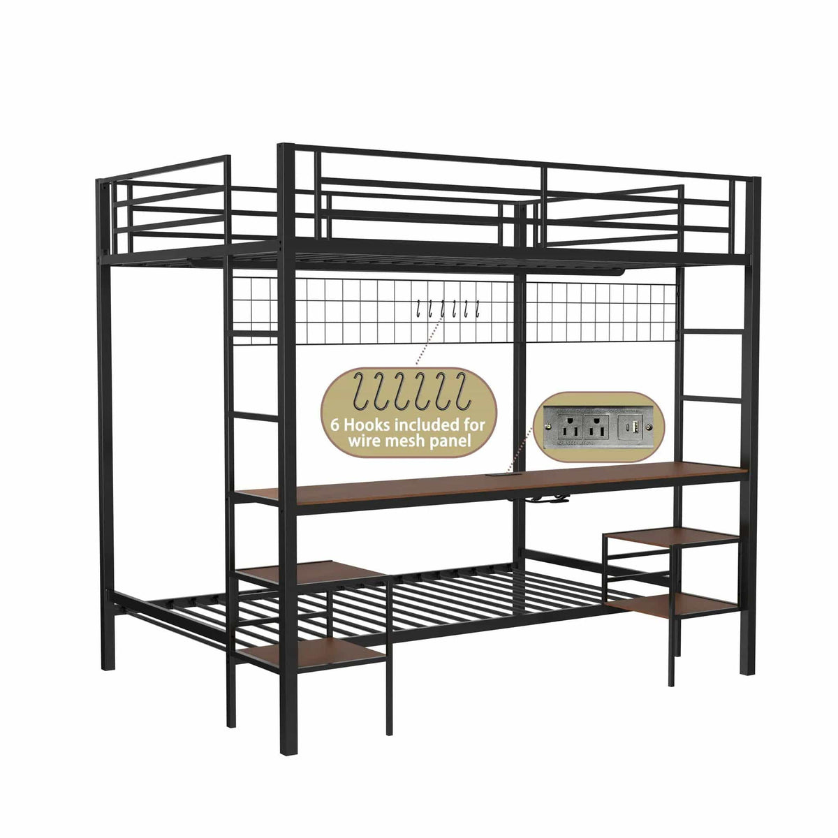 Ethan Bunk Bed With Desk, Charging Station, Storage Shelves | 2 Pieces | Metal | Bedroom