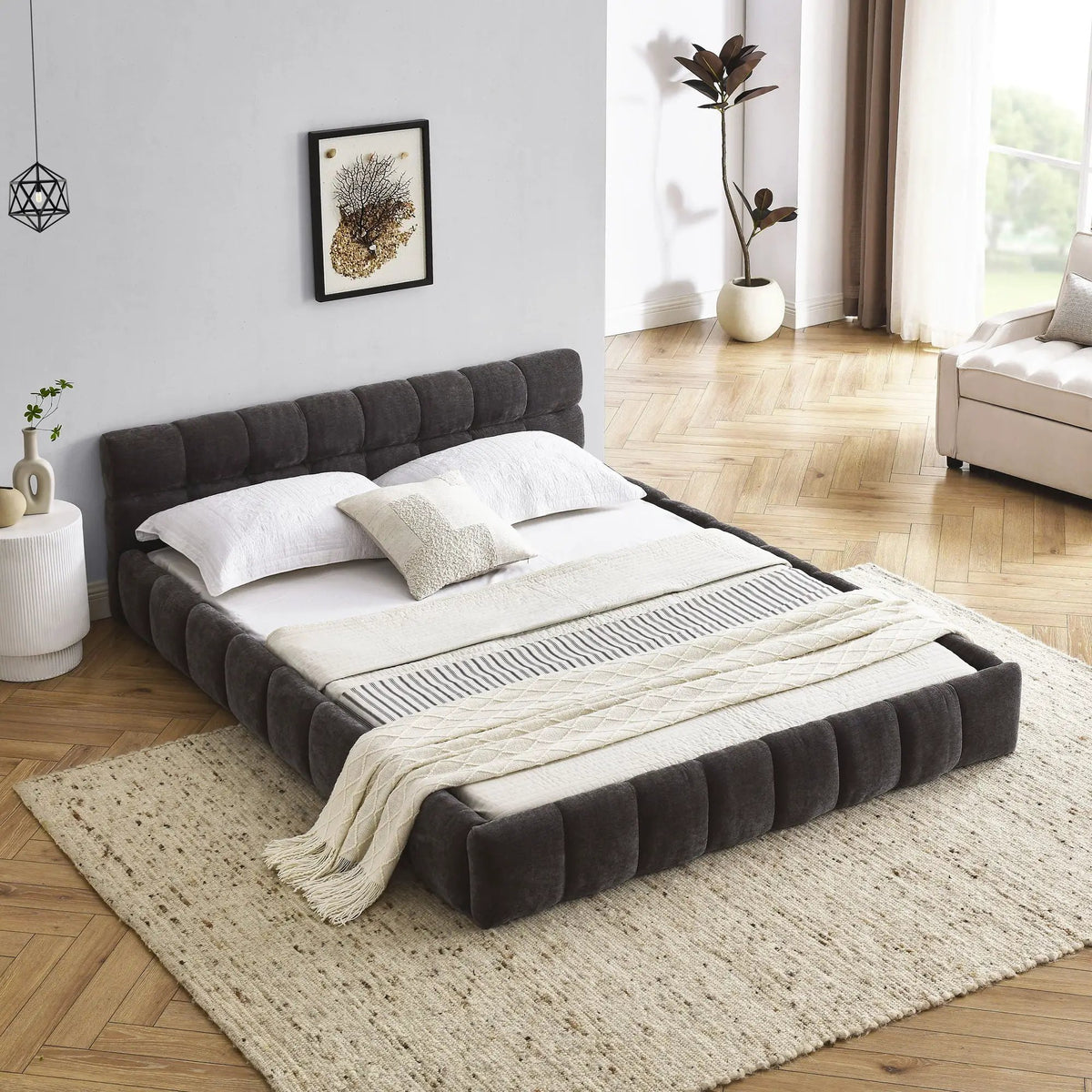 Modern Platform Storage Bed Frame | Thick Fabric Upholstery | Soft Headboard | Solid Construction